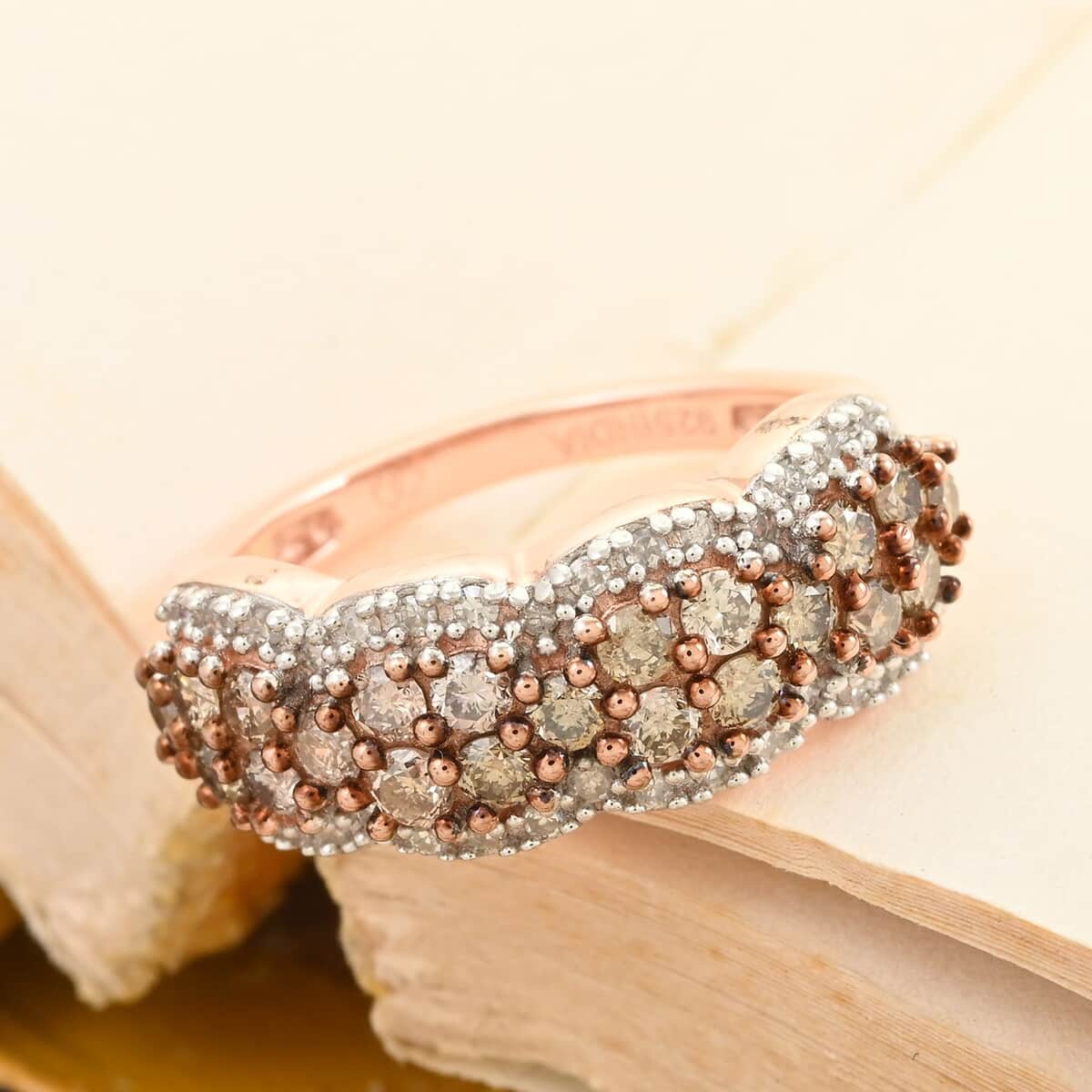 Natural Champagne and White Diamond Ring in Vermeil Rose Gold Over Sterling Silver 1.00 ctw image number 1