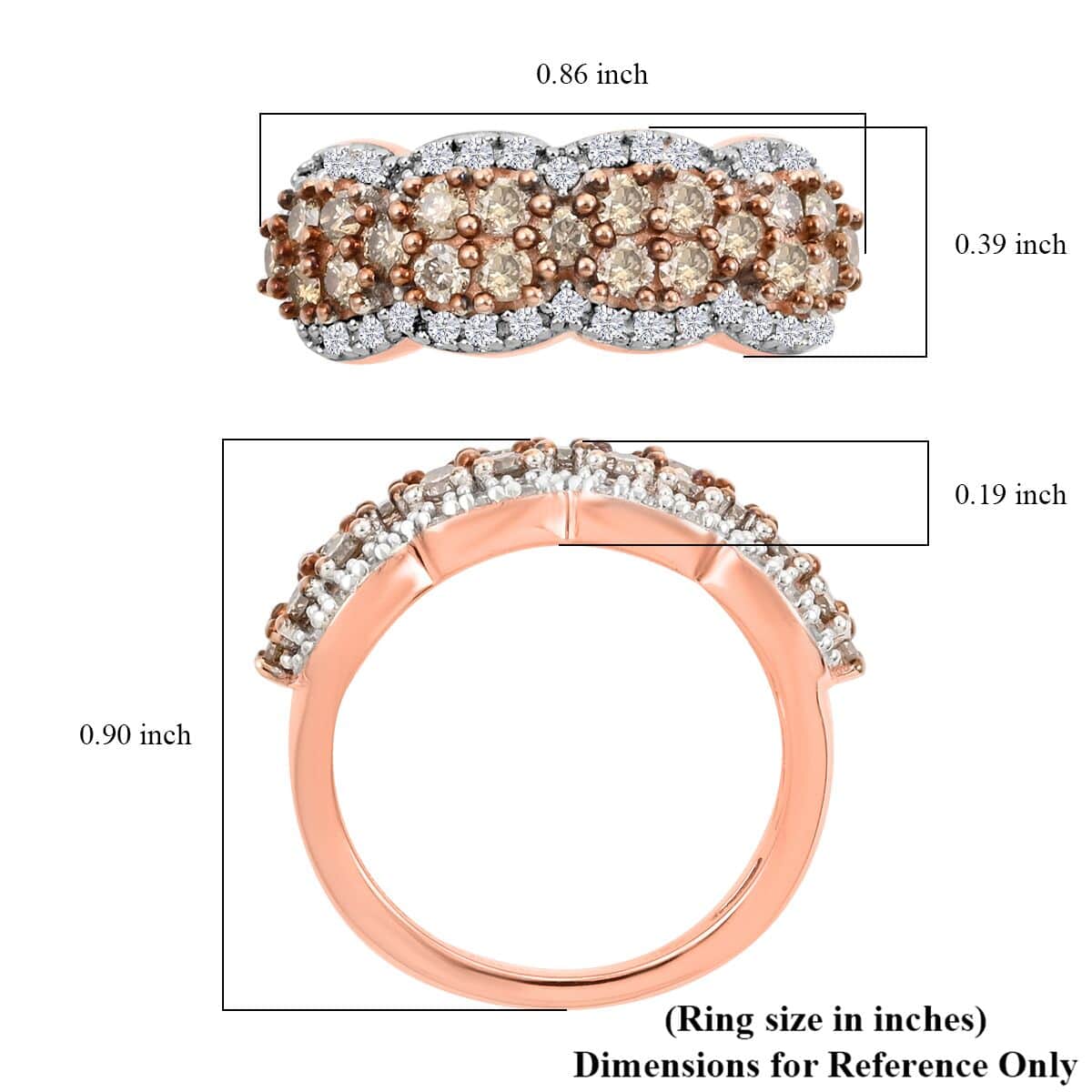 Natural Champagne and White Diamond Ring in Vermeil Rose Gold Over Sterling Silver 1.00 ctw image number 5