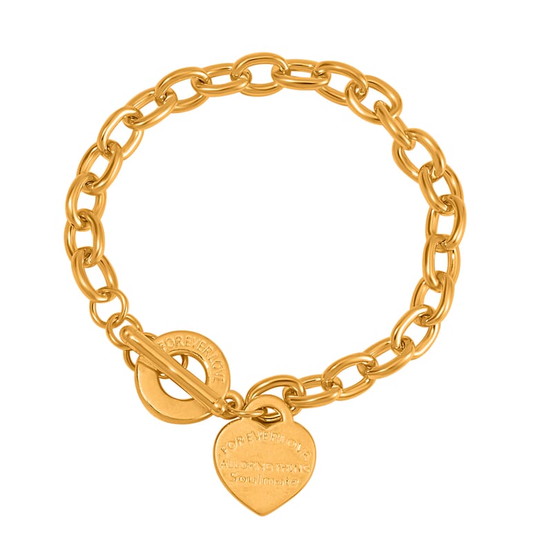 24K Yellow Gold Electroform Curb Chain Bracelet with Heart Charm (8.00 In) 9.35 Grams