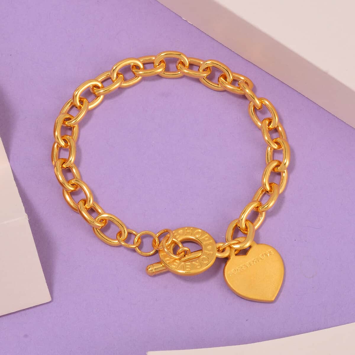 24k Yellow Gold Electroform Curb Chain Bracelet with Heart Charm (8.00 In) 9.35 Grams image number 1