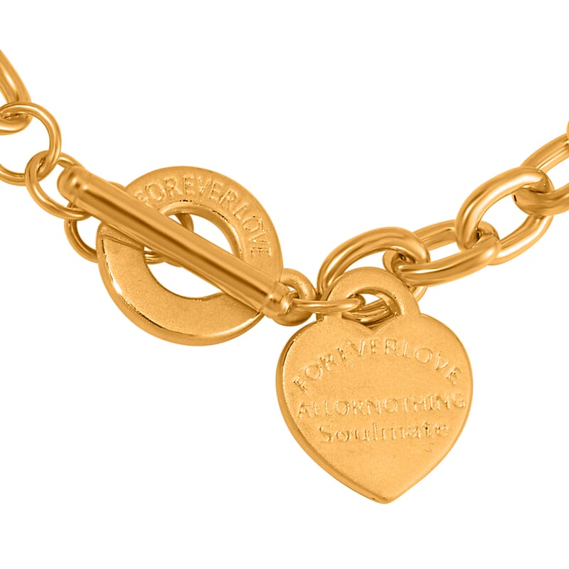 24K Yellow Gold Electroform Curb Chain Bracelet with Heart Charm (8.00 In) 9.35 Grams