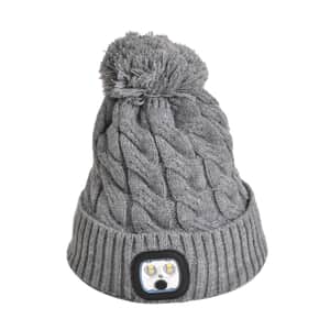 USB Rechargeable Waterproof LED Lighted Beanie Cap with Sherpa Lining and with Faux fur Bubble - Gray