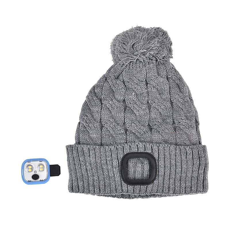 Livmore USB Rechargeable Waterproof LED Lighted Beanie Cap with Sherpa Lining and with Faux fur Bubble - Gray