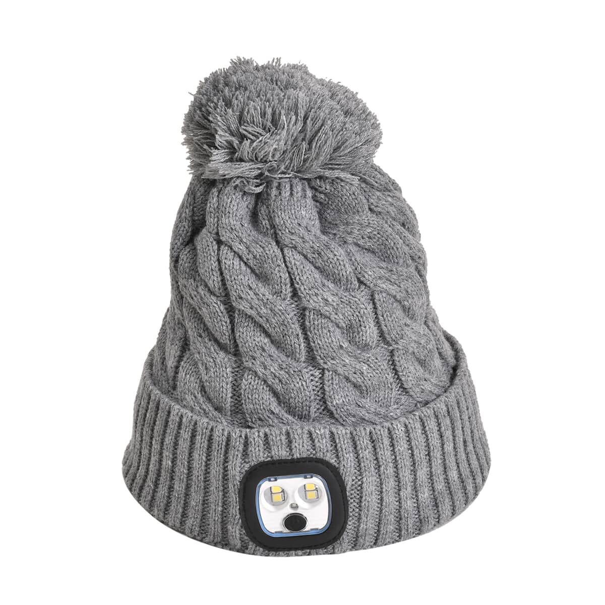 USB Rechargeable Waterproof LED Lighted Beanie Cap with Sherpa Lining and with Faux fur Bubble - Gray image number 0