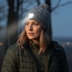 Livmore USB Rechargeable Waterproof LED Lighted Beanie Cap with Sherpa Lining and with Faux fur Bubble - Gray