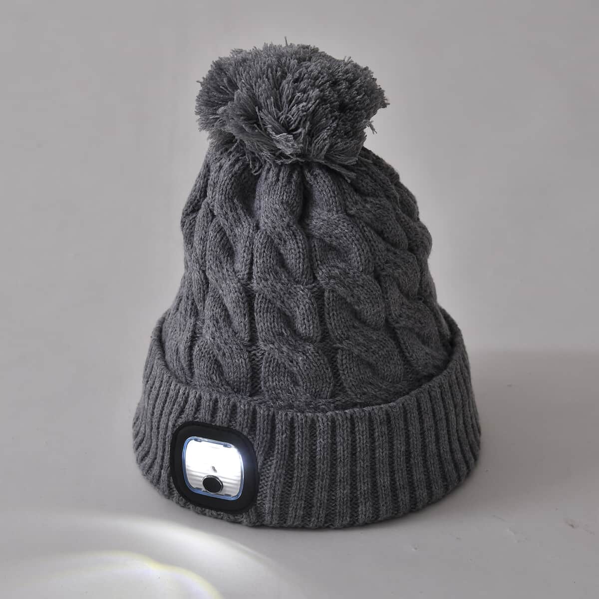 USB Rechargeable Waterproof LED Lighted Beanie Cap with Sherpa Lining and with Faux fur Bubble - Gray image number 1