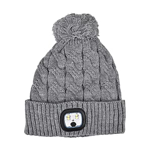 Livmore USB Rechargeable Waterproof LED Lighted Beanie Cap with Sherpa Lining and with Faux fur Bubble - Gray