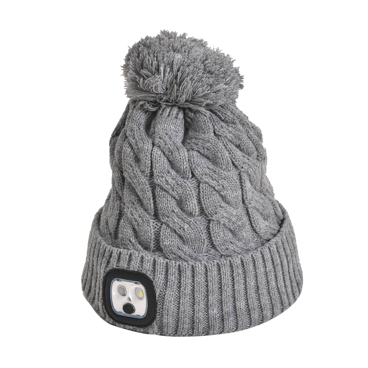 USB Rechargeable Waterproof LED Lighted Beanie Cap with Sherpa Lining and with Faux fur Bubble - Gray image number 2