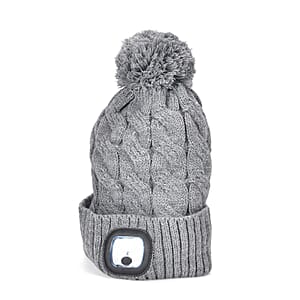 Livmore USB Rechargeable Waterproof LED Lighted Beanie Cap with Sherpa Lining and with Faux fur Bubble - Gray