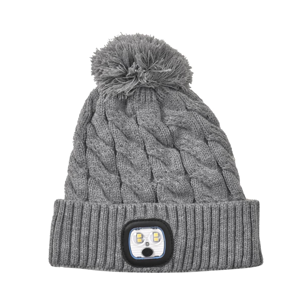 USB Rechargeable Waterproof LED Lighted Beanie Cap with Sherpa Lining and with Faux fur Bubble - Gray image number 3