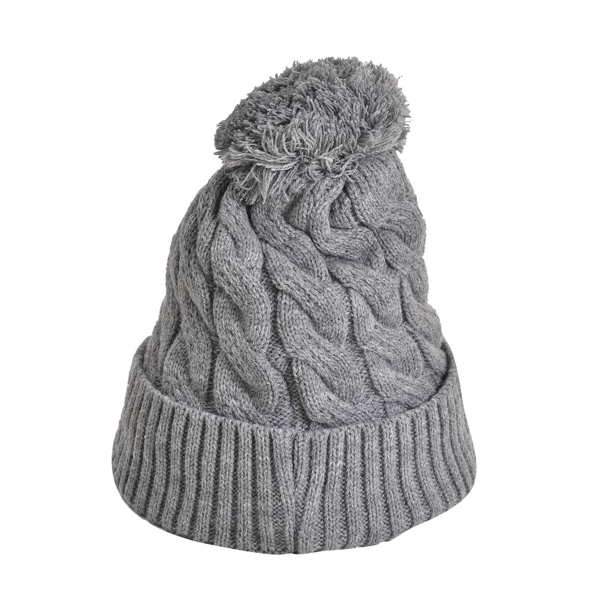 USB Rechargeable Waterproof LED Lighted Beanie Cap with Sherpa Lining and with Faux fur Bubble - Gray image number 4