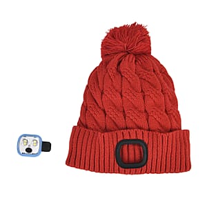 Livmore USB Rechargeable Waterproof LED Lighted Beanie Cap with Sherpa Lining and with Faux fur Bubble - Red