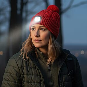 Livmore USB Rechargeable Waterproof LED Lighted Beanie Cap with Sherpa Lining and with Faux fur Bubble - Red