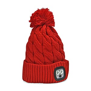 Livmore USB Rechargeable Waterproof LED Lighted Beanie Cap with Sherpa Lining and with Faux fur Bubble - Red