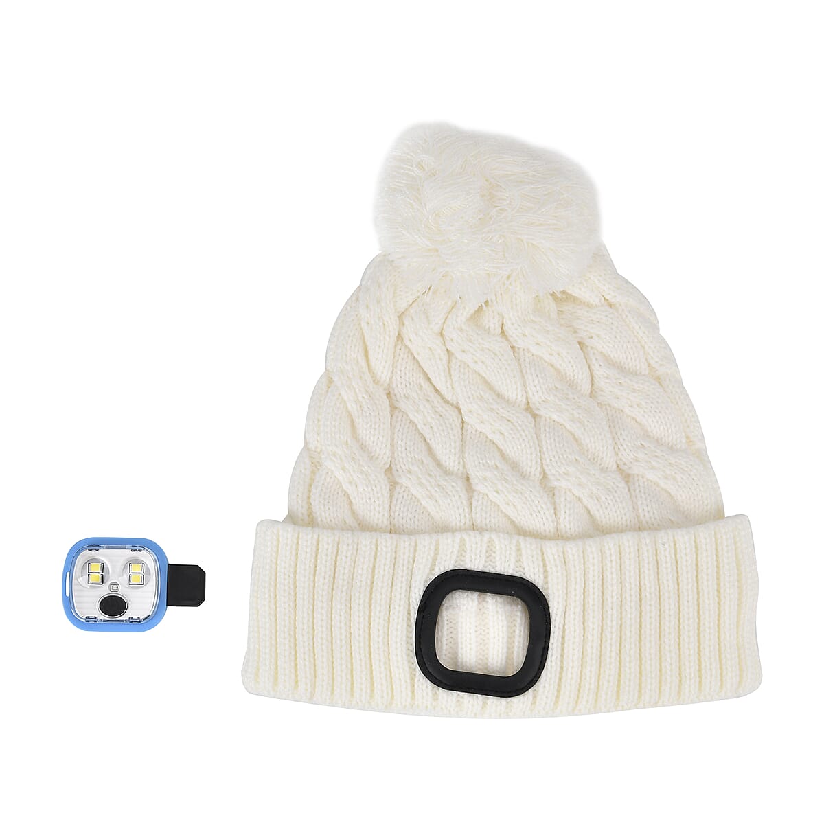 Doorbuster USB Rechargeable Waterproof LED Lighted Beanie Cap with Sherpa Lining and with Faux fur Bubble - White image number 0