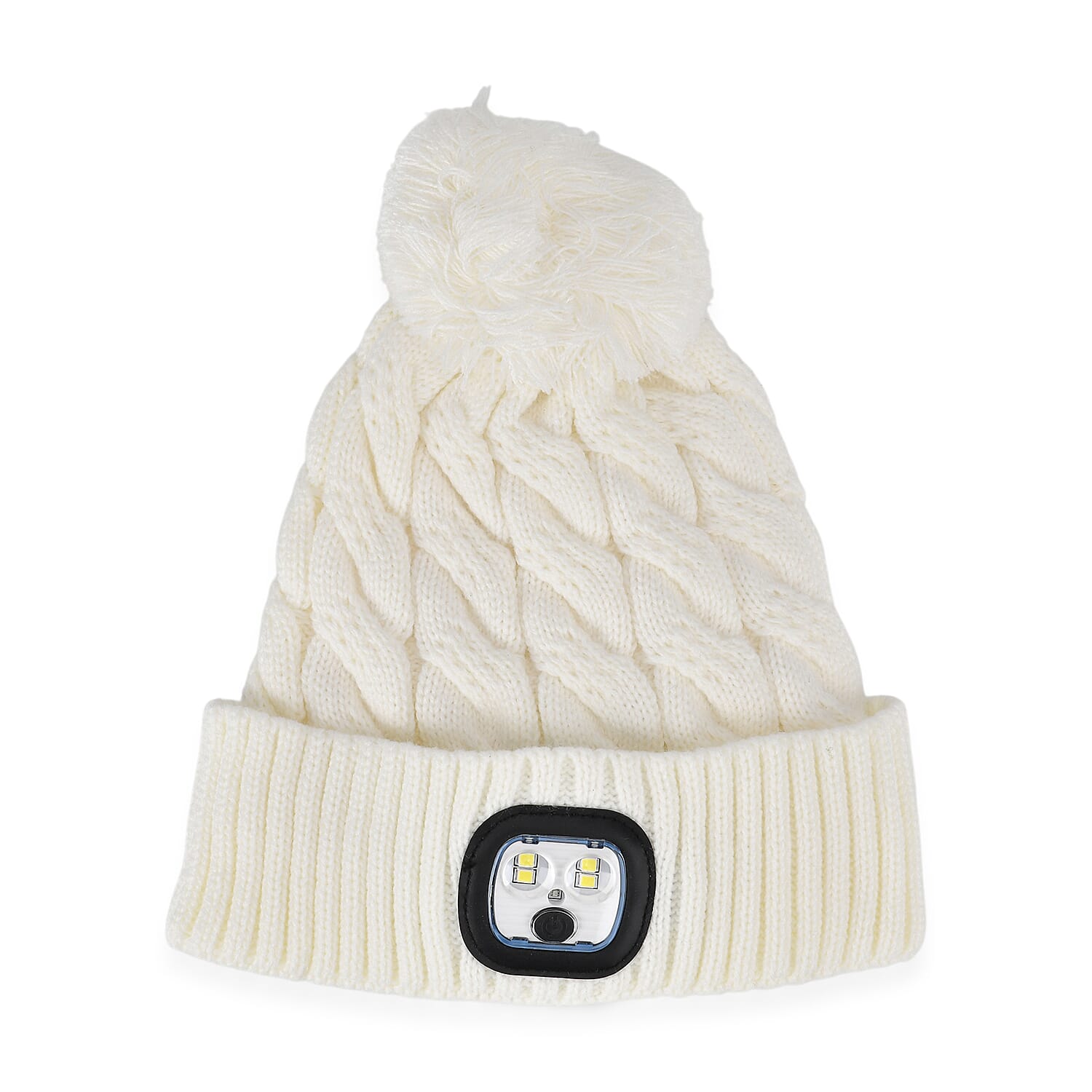 Livmore USB Rechargeable Waterproof LED Lighted Beanie Cap with Sherpa Lining and with Faux fur Bubble - White