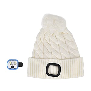 Doorbuster USB Rechargeable Waterproof LED Lighted Beanie Cap with Sherpa Lining and with Faux fur Bubble - White