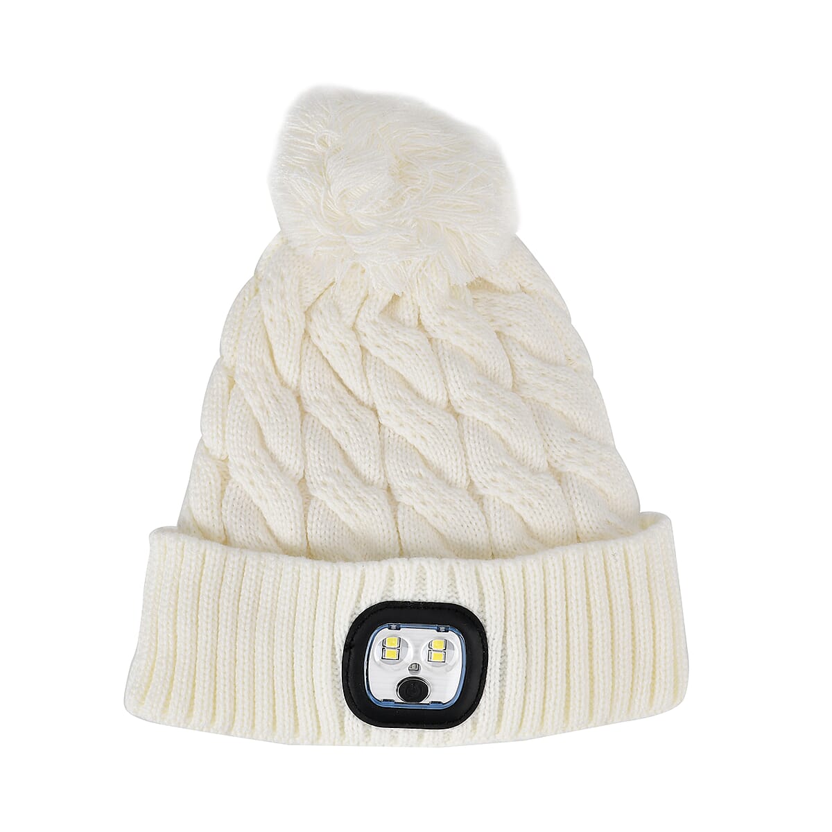 Doorbuster USB Rechargeable Waterproof LED Lighted Beanie Cap with Sherpa Lining and with Faux fur Bubble - White image number 1