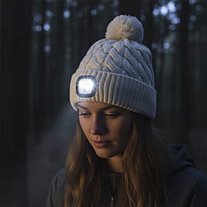 Livmore USB Rechargeable Waterproof LED Lighted Beanie Cap with Sherpa Lining and with Faux fur Bubble - White