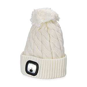 Livmore USB Rechargeable Waterproof LED Lighted Beanie Cap with Sherpa Lining and with Faux fur Bubble - White