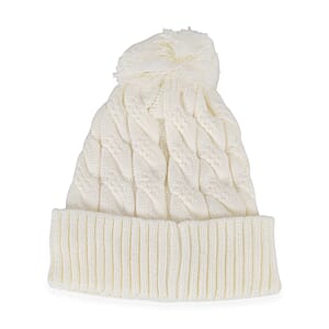 Livmore USB Rechargeable Waterproof LED Lighted Beanie Cap with Sherpa Lining and with Faux fur Bubble - White
