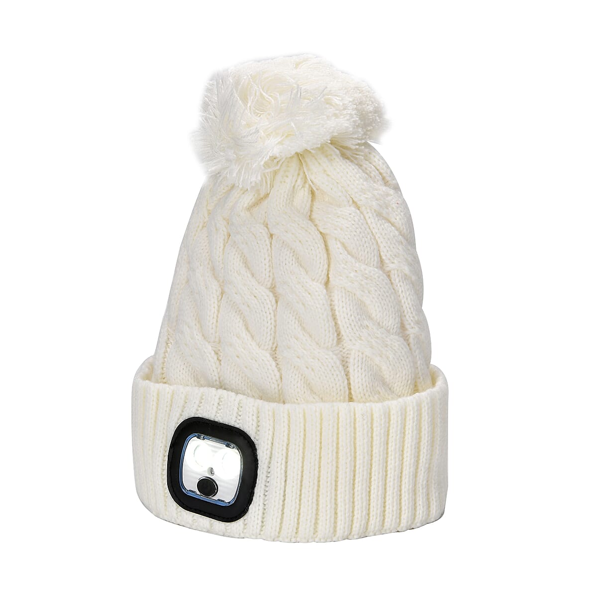 Doorbuster USB Rechargeable Waterproof LED Lighted Beanie Cap with Sherpa Lining and with Faux fur Bubble - White image number 4