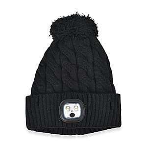 Livmore USB Rechargeable Waterproof LED Lighted Beanie Cap with Sherpa Lining and with Faux fur Bubble - Black