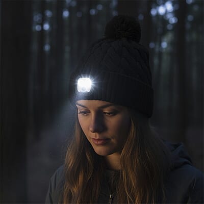Livmore USB Rechargeable Waterproof LED Lighted Beanie Cap with Sherpa Lining and with Faux fur Bubble - Black
