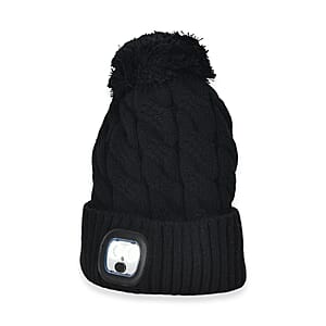Livmore USB Rechargeable Waterproof LED Lighted Beanie Cap with Sherpa Lining and with Faux fur Bubble - Black