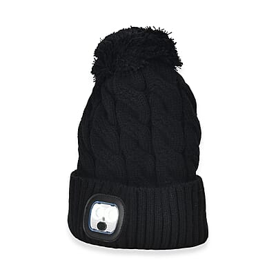 Livmore USB Rechargeable Waterproof LED Lighted Beanie Cap with Sherpa Lining and with Faux fur Bubble - Black