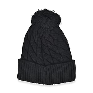 Livmore USB Rechargeable Waterproof LED Lighted Beanie Cap with Sherpa Lining and with Faux fur Bubble - Black