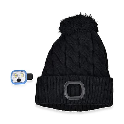 Livmore USB Rechargeable Waterproof LED Lighted Beanie Cap with Sherpa Lining and with Faux fur Bubble - Black
