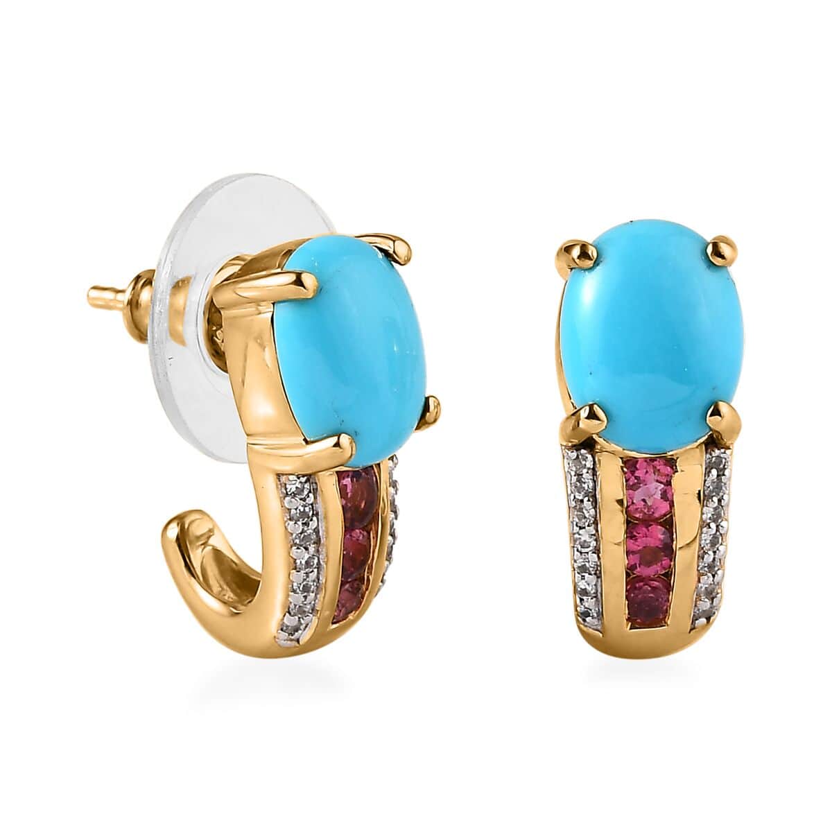 Premium Sleeping Beauty Turquoise and Multi Gemstone J-Hoop Earrings in Vermeil Yellow Gold Over Sterling Silver 3.30 ctw image number 0