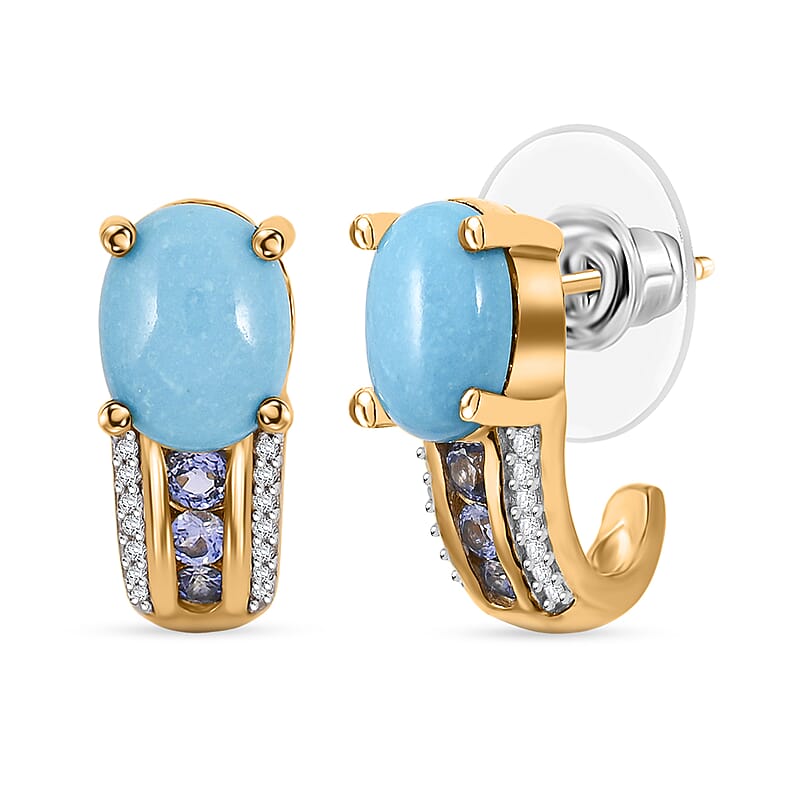 Premium Sleeping Beauty Turquoise and Multi Gemstone J-Hoop Earrings in Vermeil Yellow Gold Over Sterling Silver 3.30 ctw