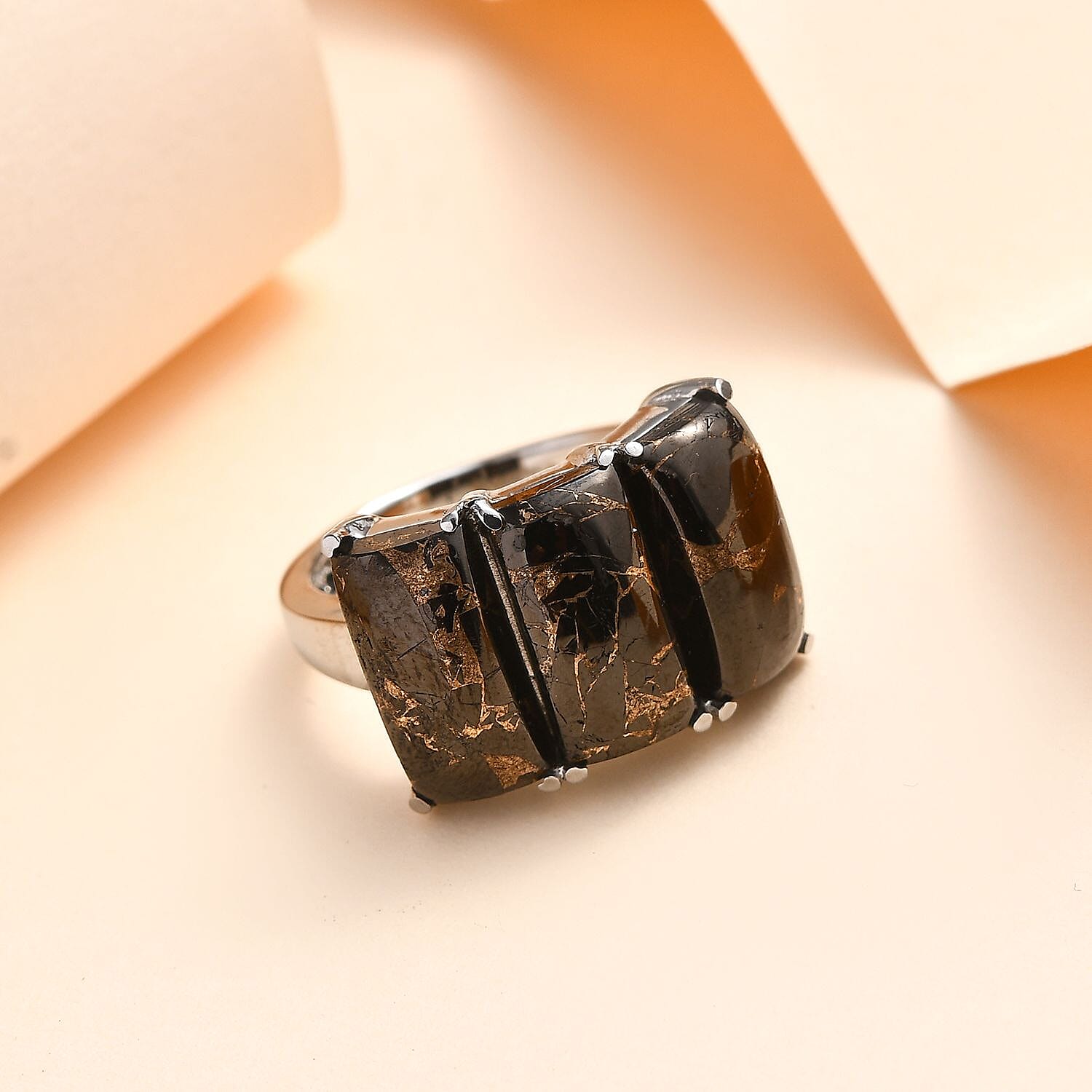 Matrix Silver Shungite 3 Stone Ring in Stainless Steel (Size 10.0) 5.50 ctw