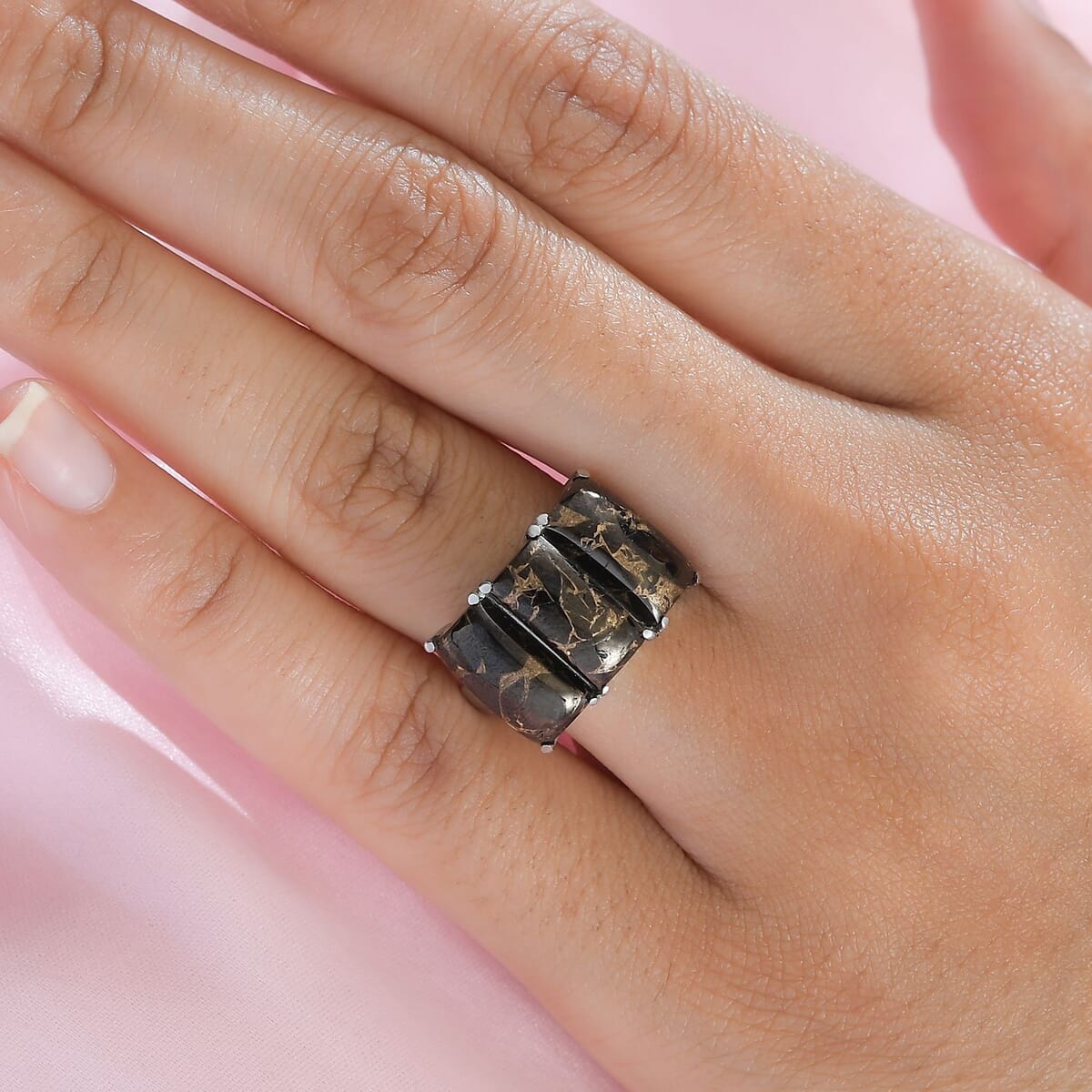 Matrix Silver Shungite 3 Stone Ring in Stainless Steel (Size 8.0) 5.50 ctw image number 2
