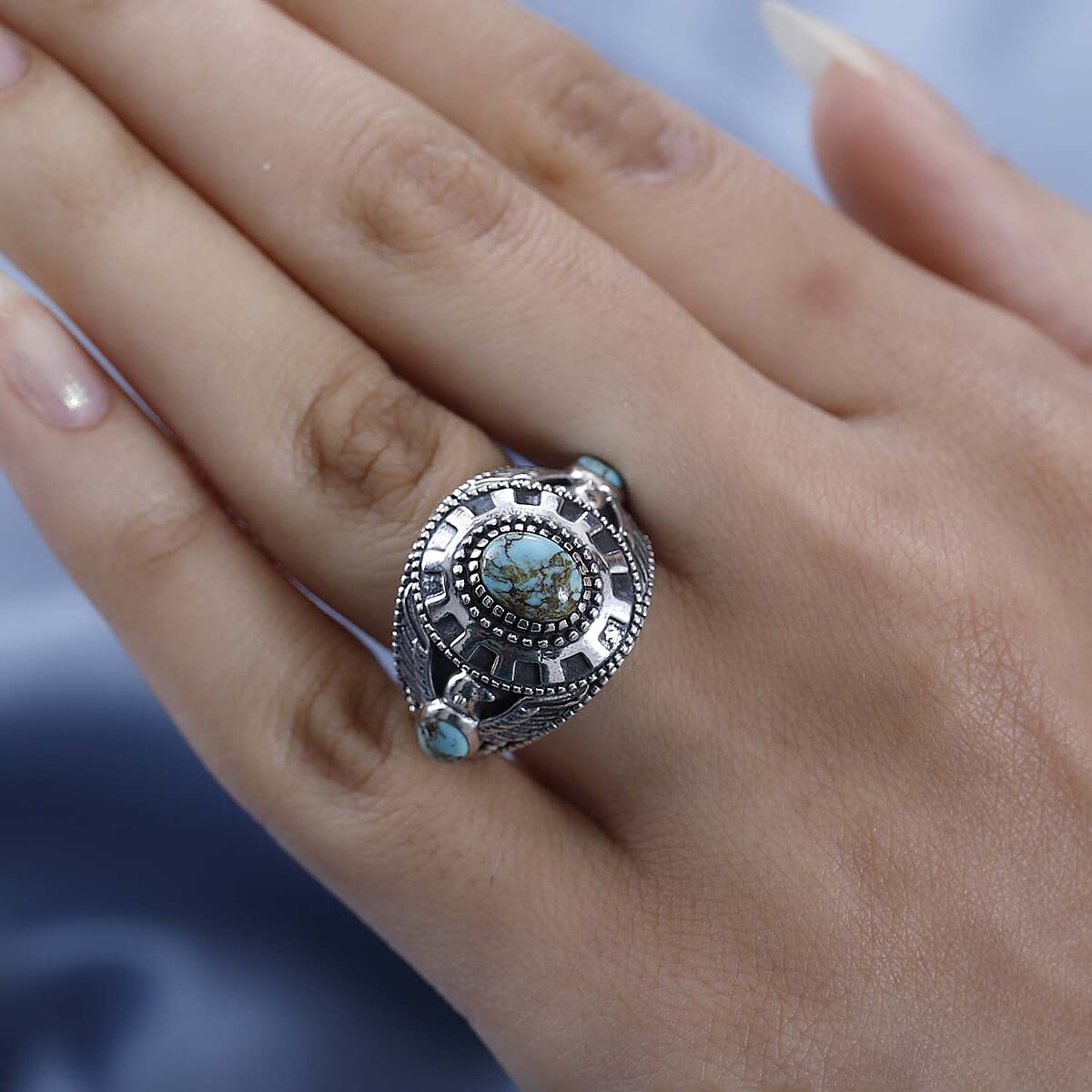 Artisan Crafted Blue Moon Turquoise Eagle Ring in Sterling Silver (Size 8.0) 2.10 ctw image number 1