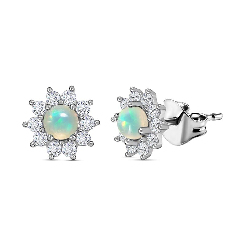 Ethiopian Welo Opal, White Zircon Sunburst Stud Earrings in Sterling Silver 1.00 ctw