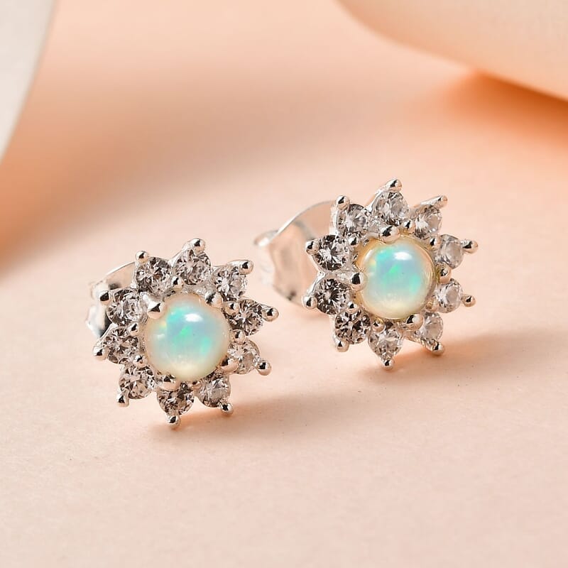 Ethiopian Welo Opal, White Zircon Sunburst Stud Earrings in Sterling Silver 1.00 ctw