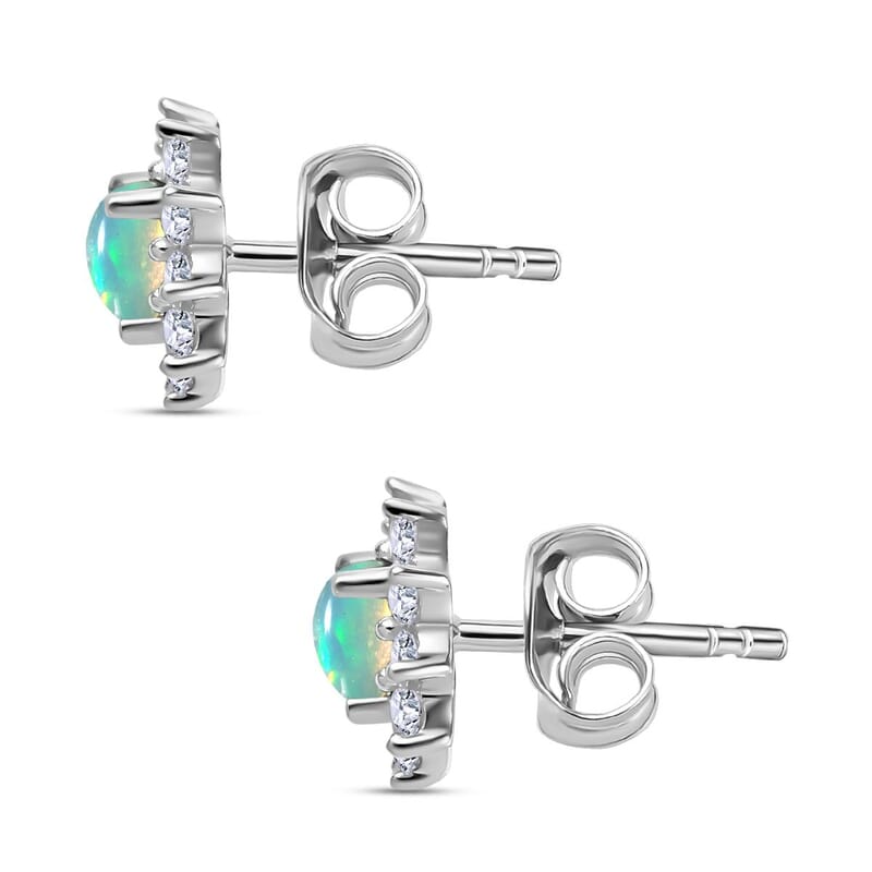 Ethiopian Welo Opal, White Zircon Sunburst Stud Earrings in Sterling Silver 1.00 ctw