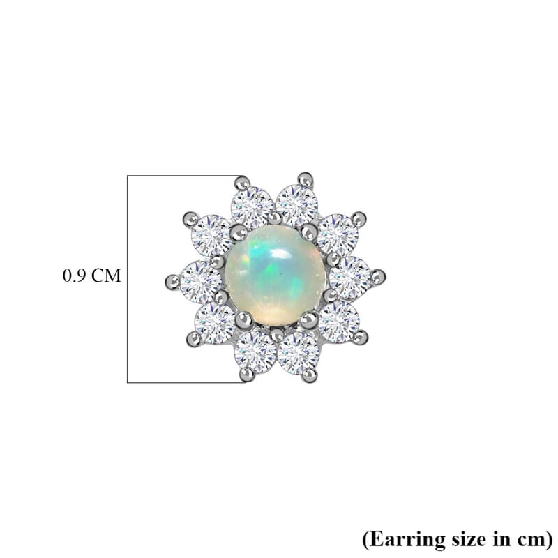 Ethiopian Welo Opal, White Zircon Sunburst Stud Earrings in Sterling Silver 1.00 ctw