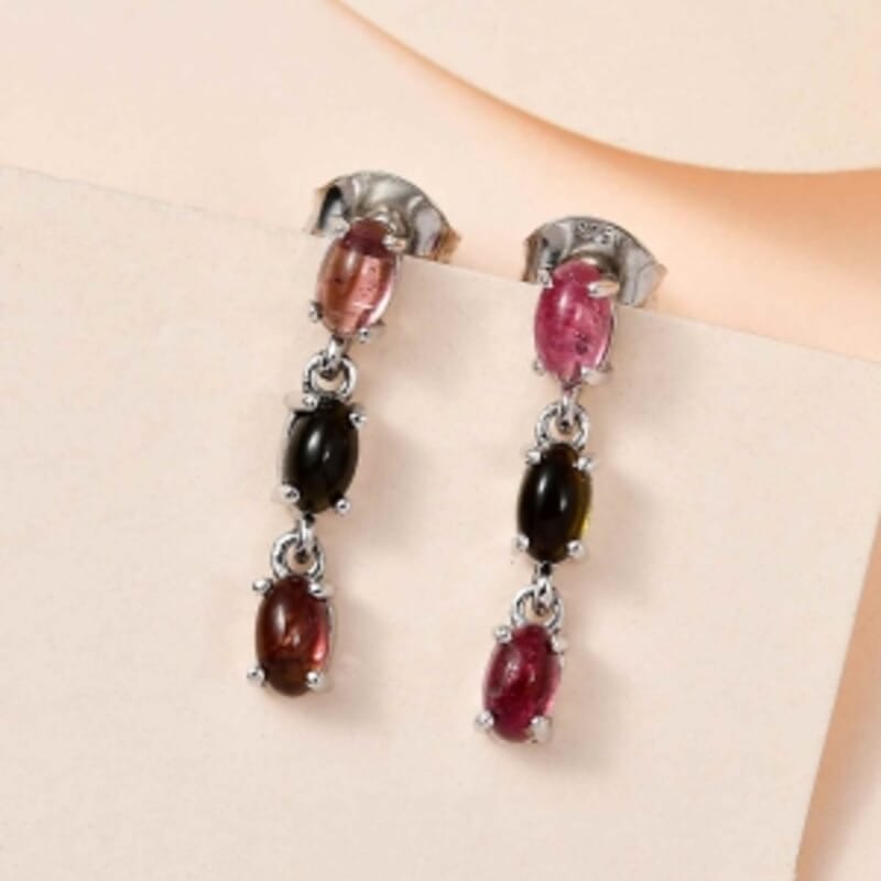 Multi-Tourmaline 1.50 ctw Earrings in Platinum Over Sterling Silver