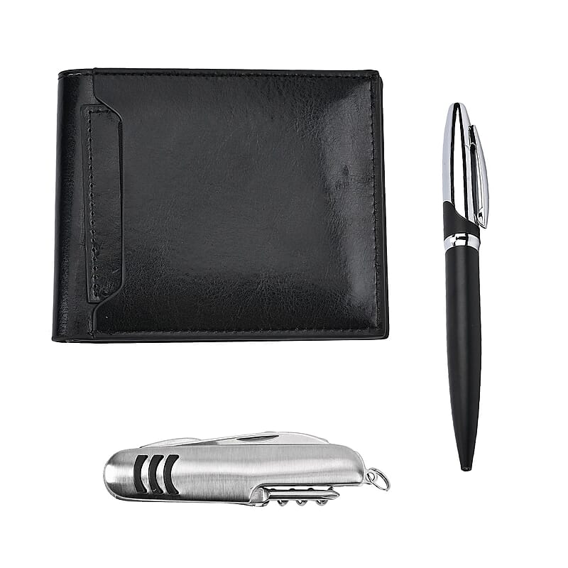 3 Piece Set -Black Faux Leather RFID Wallet, Pen and Stainless Steel Knife 
