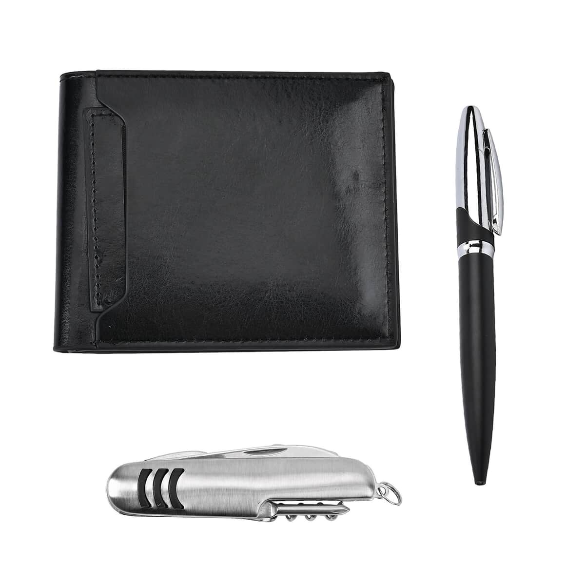 3 Piece Set -Black Faux Leather RFID Wallet, Pen and Stainless Steel Knife  image number 0