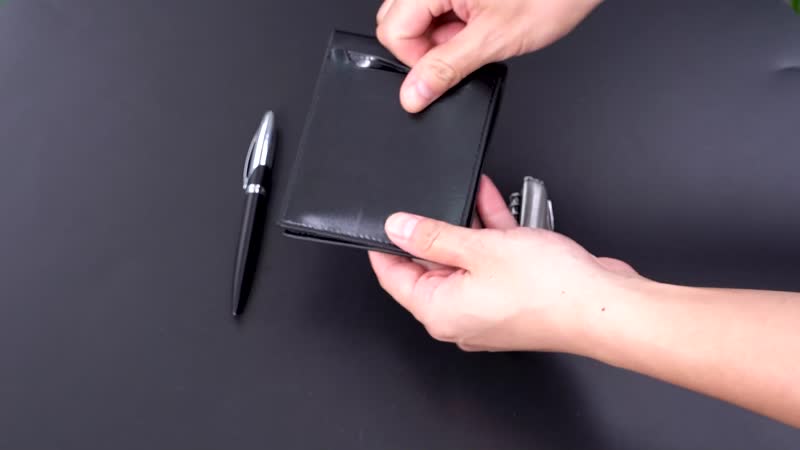 3 Piece Set -Black Faux Leather RFID Wallet (4.5"x3.75"), Pen and Stainless Steel Knife
