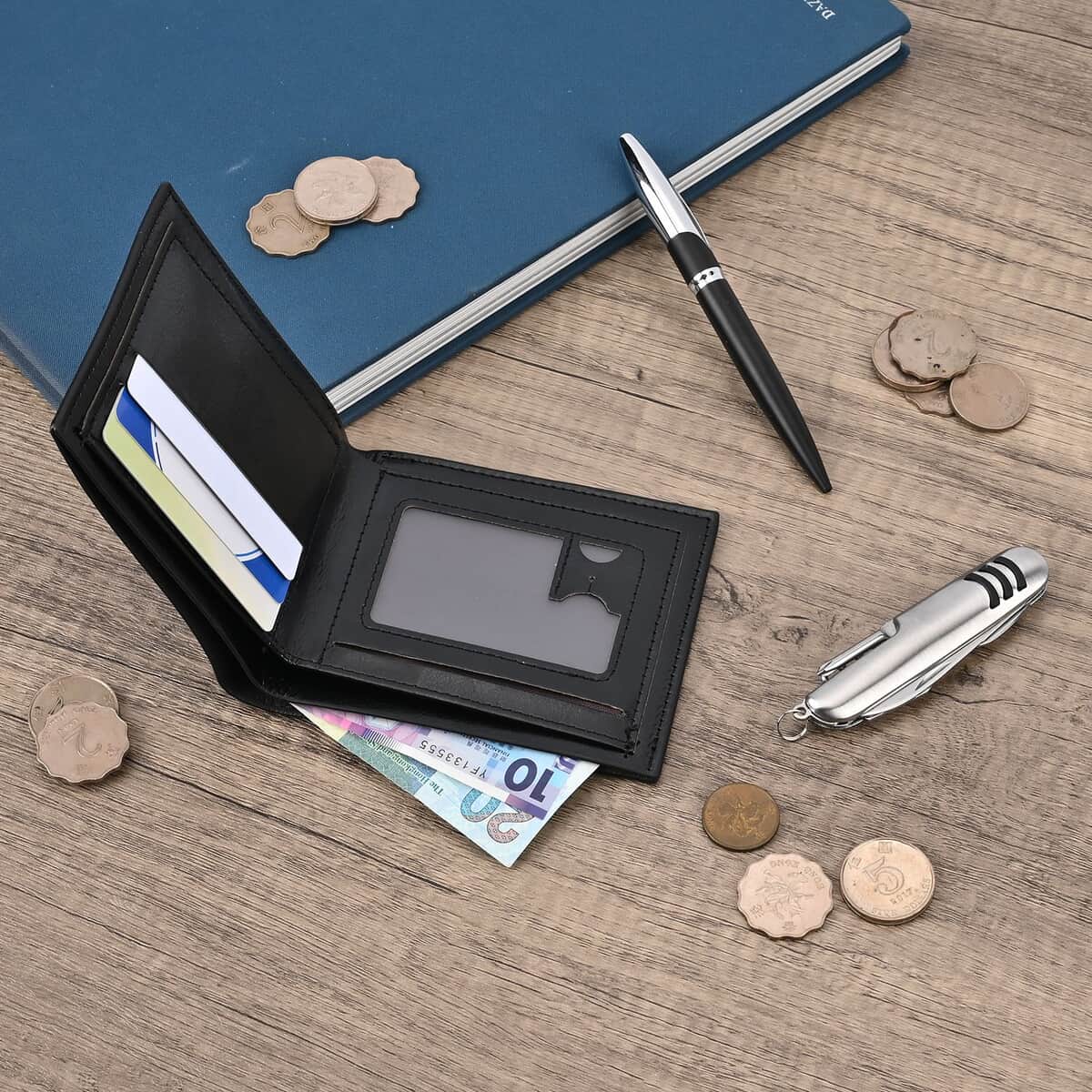3 Piece Set -Black Faux Leather RFID Wallet, Pen and Stainless Steel Knife  image number 1