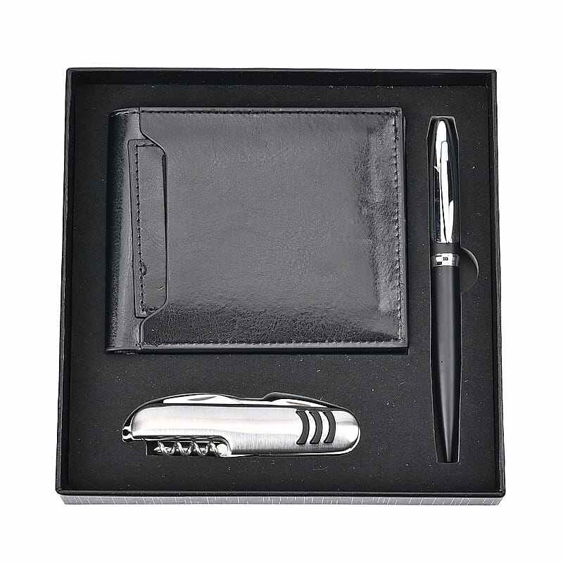 3 Piece Set -Black Faux Leather RFID Wallet, Pen and Stainless Steel Knife 