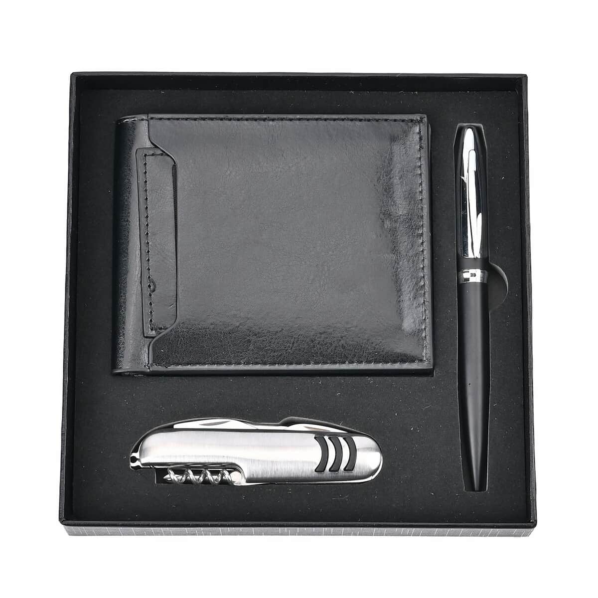 3 Piece Set -Black Faux Leather RFID Wallet, Pen and Stainless Steel Knife  image number 8