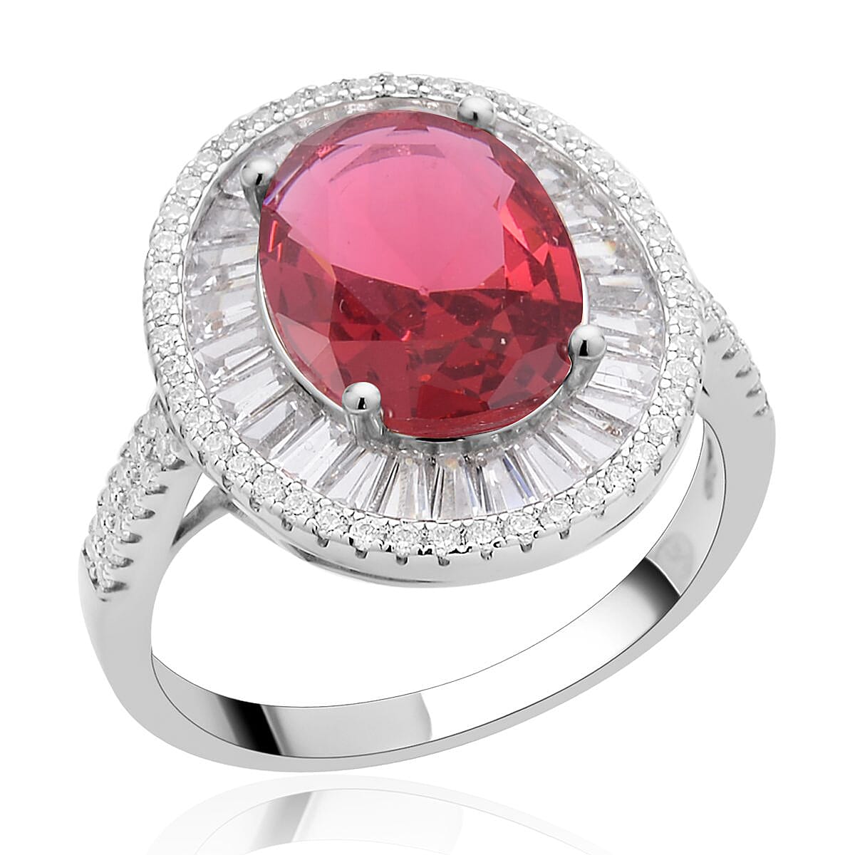 Simulated Rose and White Diamond Double Halo Ring in Silvertone (Size 9.0) 14.50 ctw image number 0