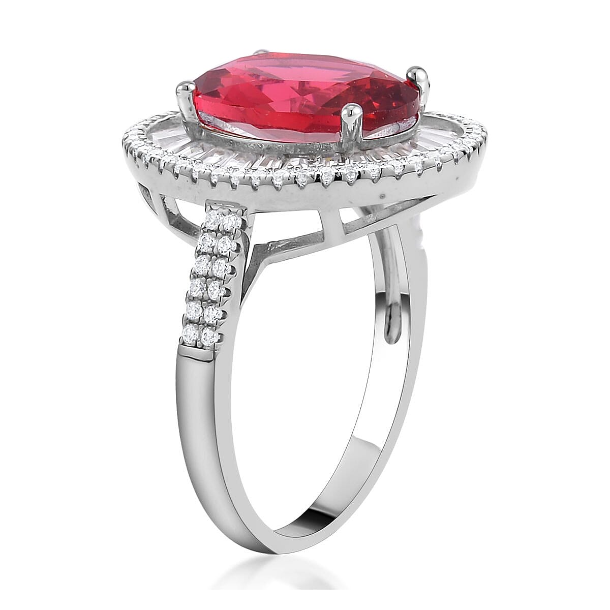 Simulated Rose and White Diamond Double Halo Ring in Silvertone (Size 9.0) 14.50 ctw image number 3